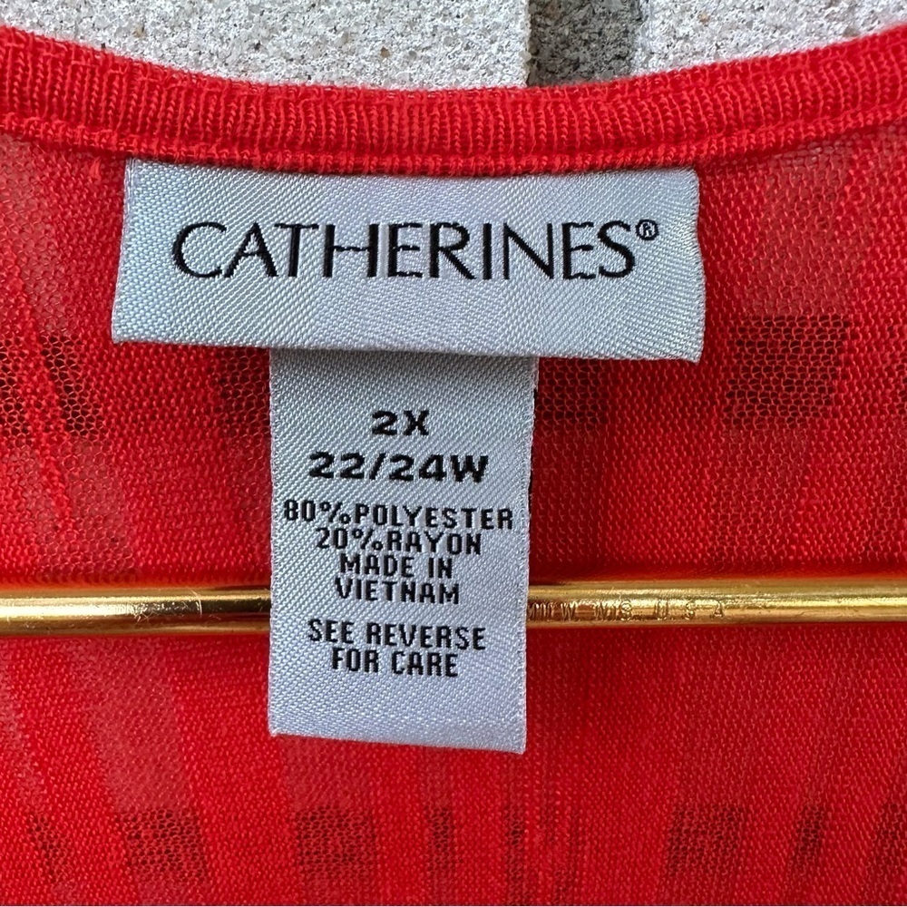 NWT Catherines Tomato Red Sheer Stripe Knit Long Open Cardigan Ruched Sleeve 2X - Picture 4 of 10